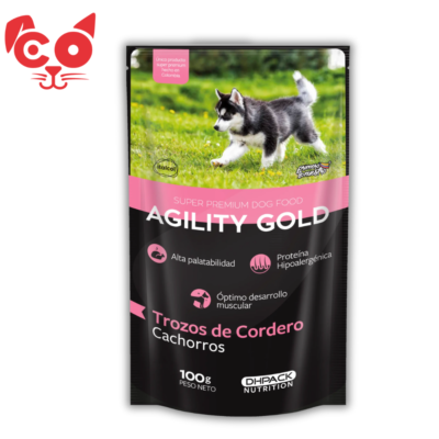 POUCH AGILITY GOLD CACHORRO TROZOS DE CORDERO 100G