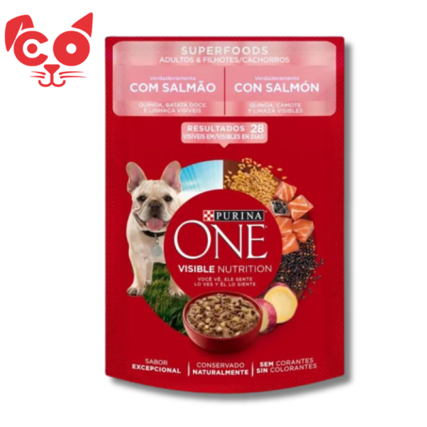 142 POUCH PURINA ONE PERROS ADULTOS Y CACHORROS SABOR SALMON 85GR